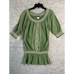 Sam & Max Womens Olive Green Embroidered‎ Cotton Peasant Blouse Smocked Top S